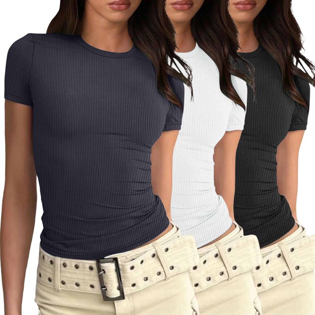 JFHHQ T-Shirt Basique Ajusté pour Femmes, Manches Courtes, Confort Décontracté, 3 Pcs, MNavy
