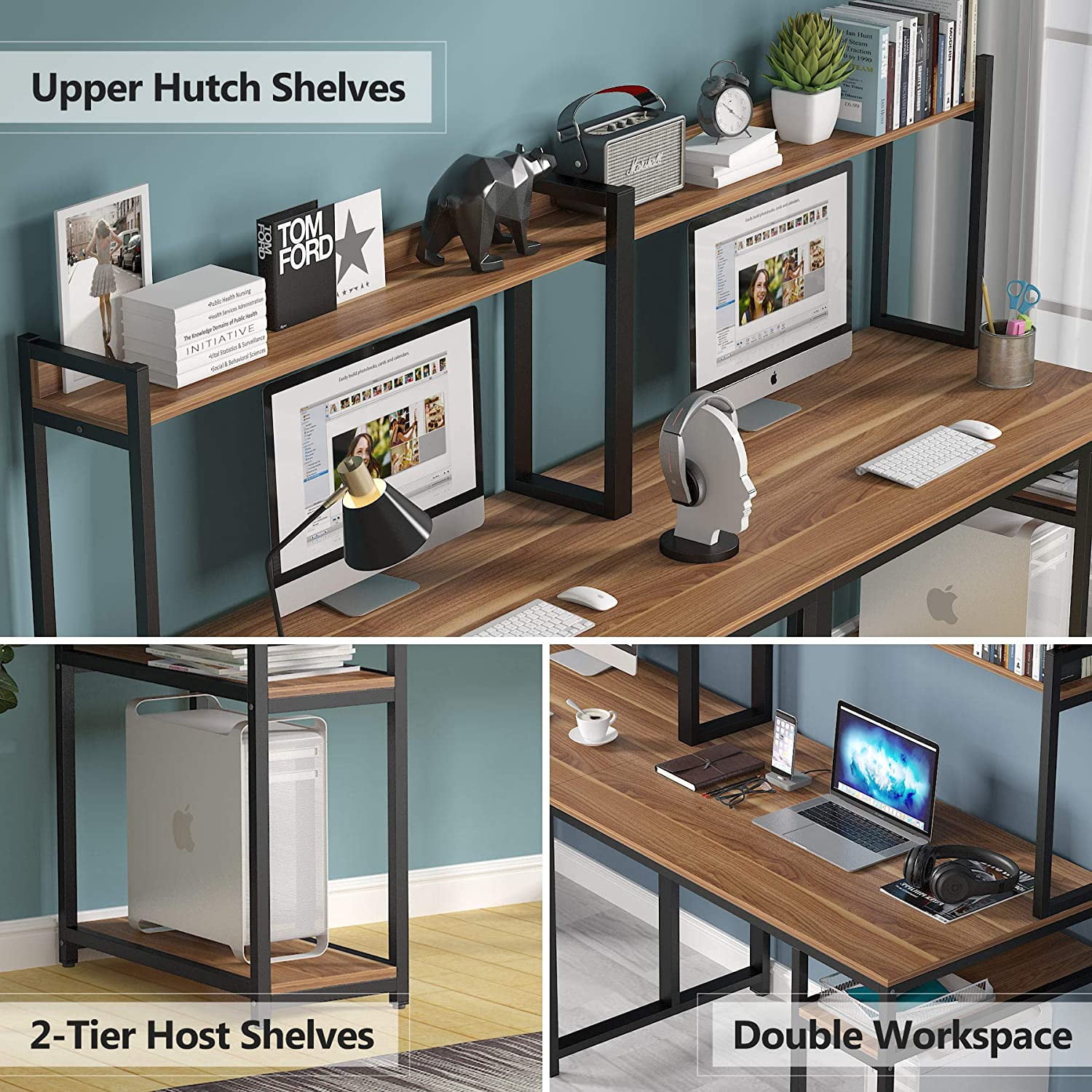 TribeSigns 94.5 Inches Two Person Desk with Storage Hutch Shelf