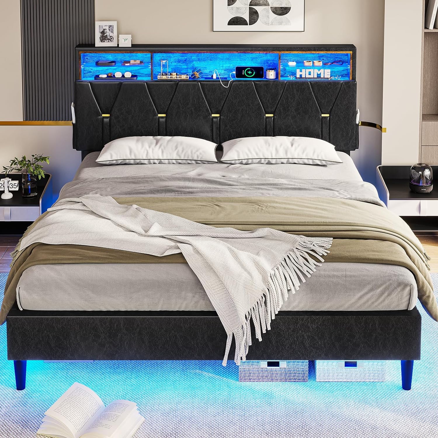 Full Size LED Bed Frame with Upholstered Storage Headboard,Platform Bed with Charging Station and LED Lights,Adjustable Headboard,No Box Spring Needed, Black