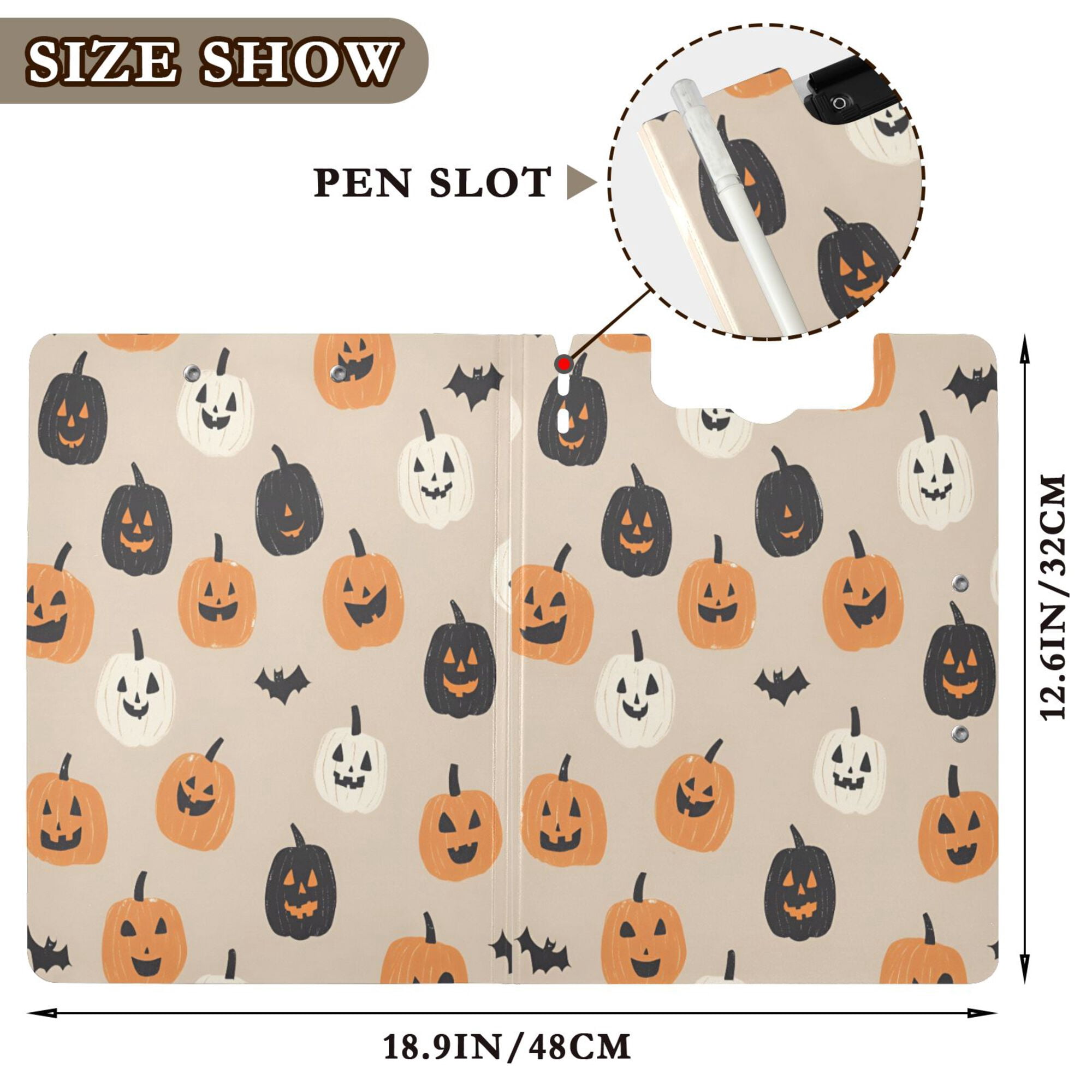 FORMRS A4 Clipboard Folder with Pen Holder Horizontal Foldable School Office Binder, Beige Halloween Pumpkin
