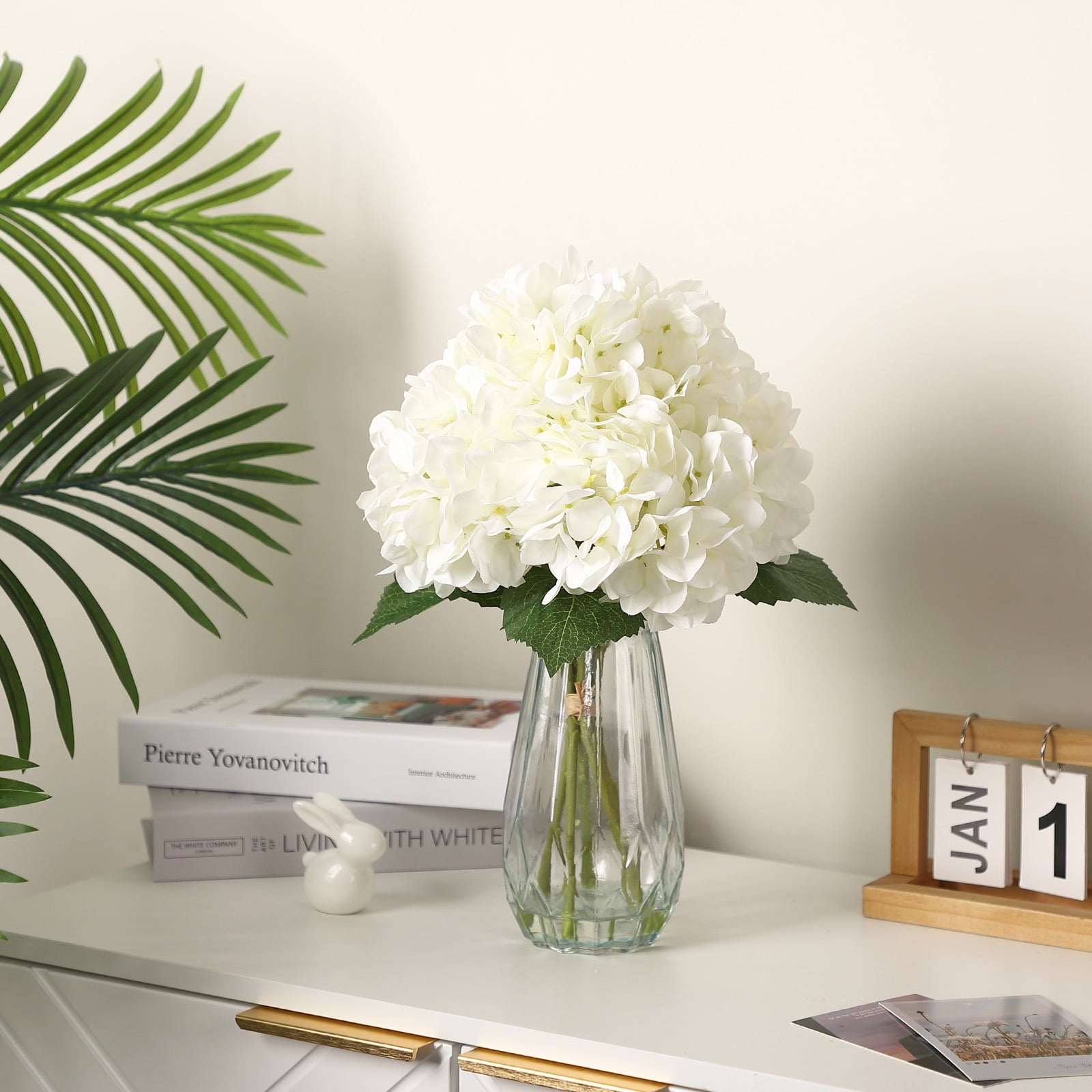 5 Pcs 16" Realistic Artificial Hydrangea with Glass Vase, Large Real Touch Flowers Artificial Flowers Dry Flowers Outdoor Wedding Christmas Office Family Party Living Room Table Decoration (White)