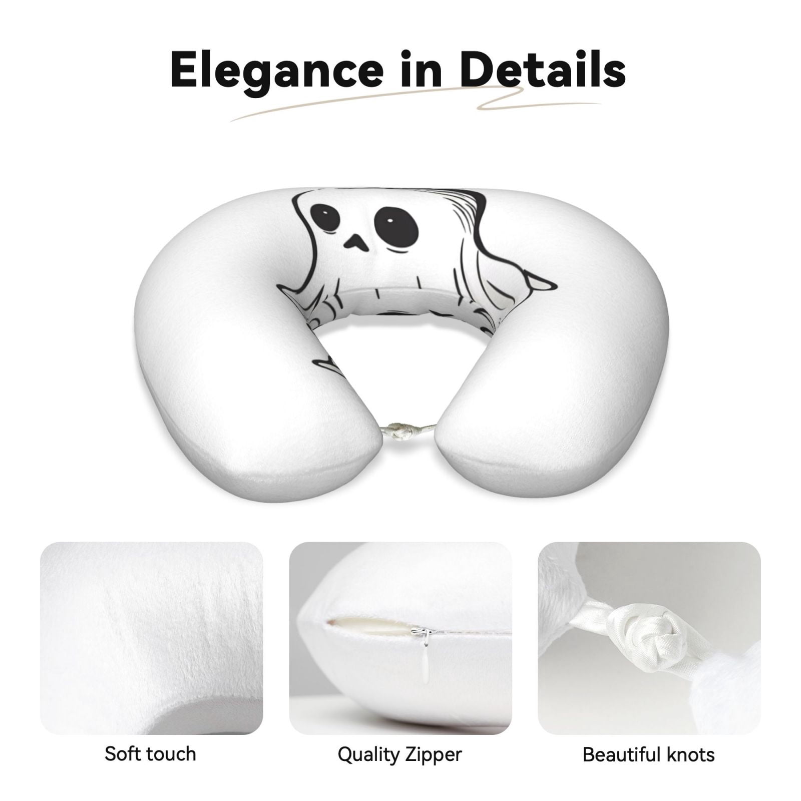 Xecao Cute Ghost Simple Drawing Print Memory Foam Cervical Neck Pillow Versatile U-Shaped Pillows for Home,Office,Camping,Travelling,Soft Washable Cover