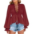thumbnail image 4 of JUSLIO Womens Tops Casual Solid Blouses Fashion Long Sleeve V Neck Blouses Wine XL, 4 of 9