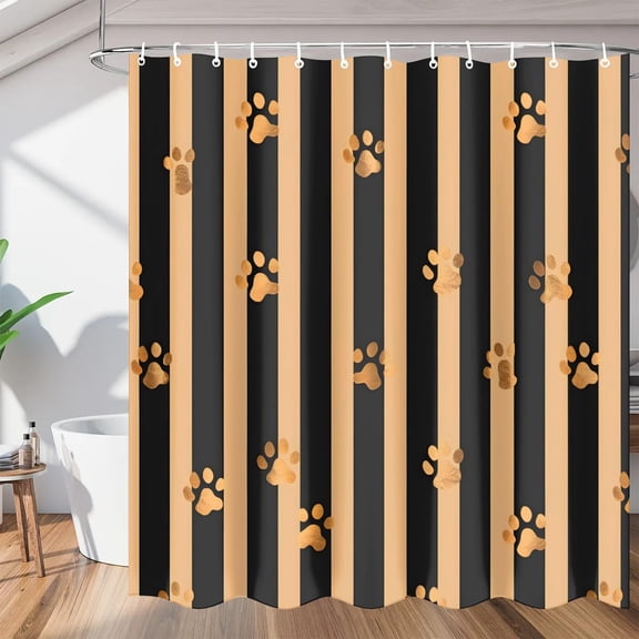 Dog Paws Striped Shower Curtain, Waterproof Fabric Shower Curtain, Washable Polyester Bath Curtain for Bathroom Decor 36"W X 72"H