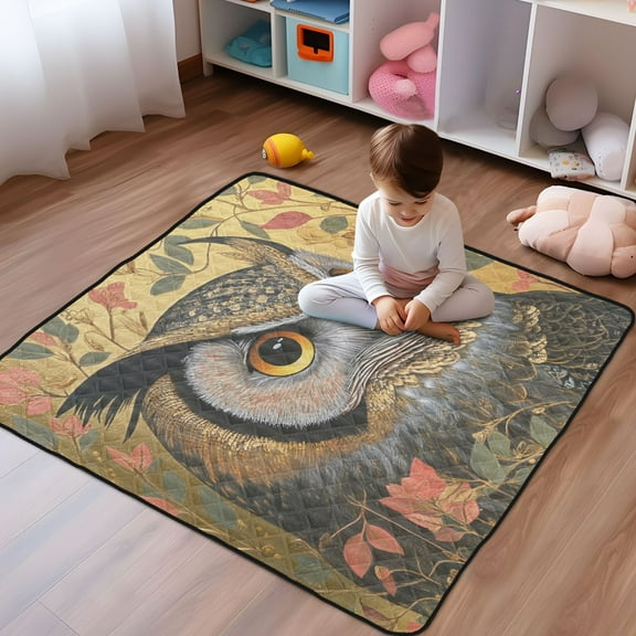 WOBOGO Owl Leaves Yellow Pattern Baby Playmats Extra Large Waterproof Rollable Activity Pads for Toddlers 50×50inch