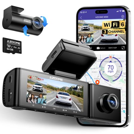 AZDOME 4K 3 Channel Dash Cam, WiFi6 Built-in GPS with 64GB Card, 2.5K+1080P+1080P Front and Rear Inside, Triple Car Camera with 3.18"IPS Screen, IR Night Vision, G Sensor, WDR, Parking Mode(M590)