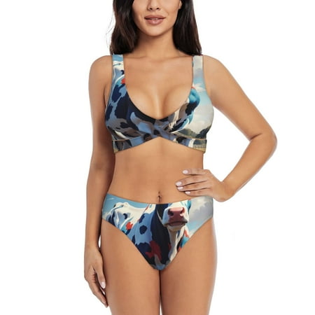 Zeuib Colorful Cow Pasture High Waisted Tummy Control Bikini Set - Knot Front Push Up Top & Cheeky Thong Bottom  Two-Piece Swimsuit for Women-Large