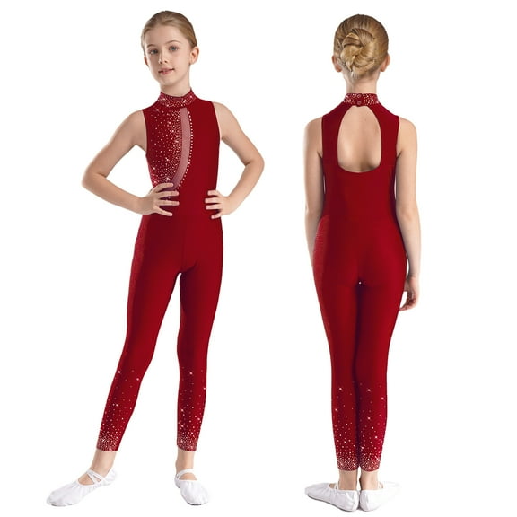 Hansber Gymnastics Leotards for Girls Sleeveless Figure Skating Jumpsuit Rhinestone Full Length Dance Bodysuit Burgundy 14