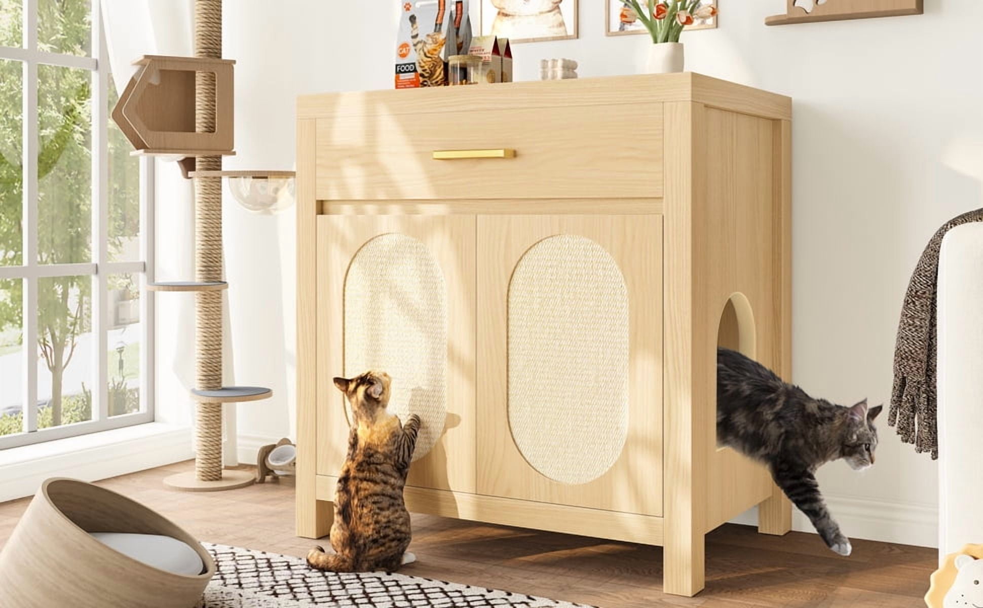 Cat Litter Box Enclosure, Hidden Cat Litter Box Furniture with Scratching Board Doors and Storage Drawer, Wooden Washroom Cat House Table Nightstand Box Cabinet, Natural