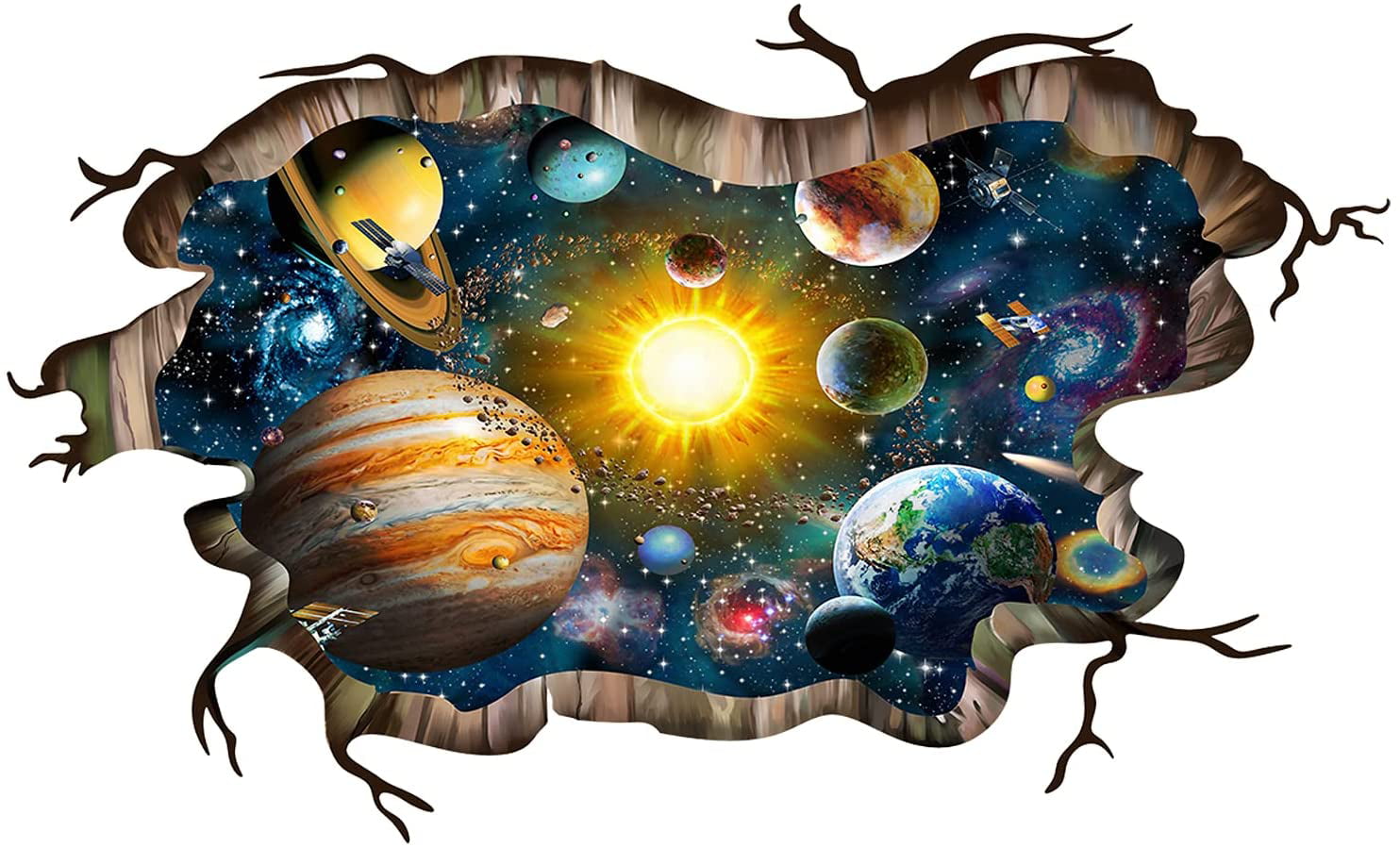 3D Space Galaxy Planets Wall Stickers Removable Broken Wall Kids Room Decal 