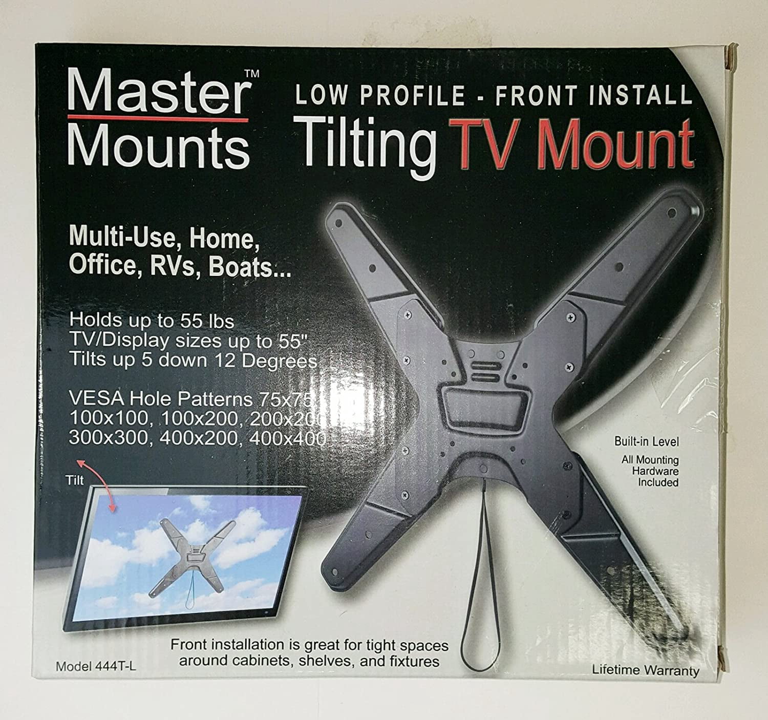 Master Mounts 444T-L Locking Front Install Tilt Wall Mount - Mounting in RVs Campers Trucks Boats, Fits TVs up to 55", VESA Patterns up to 400x400