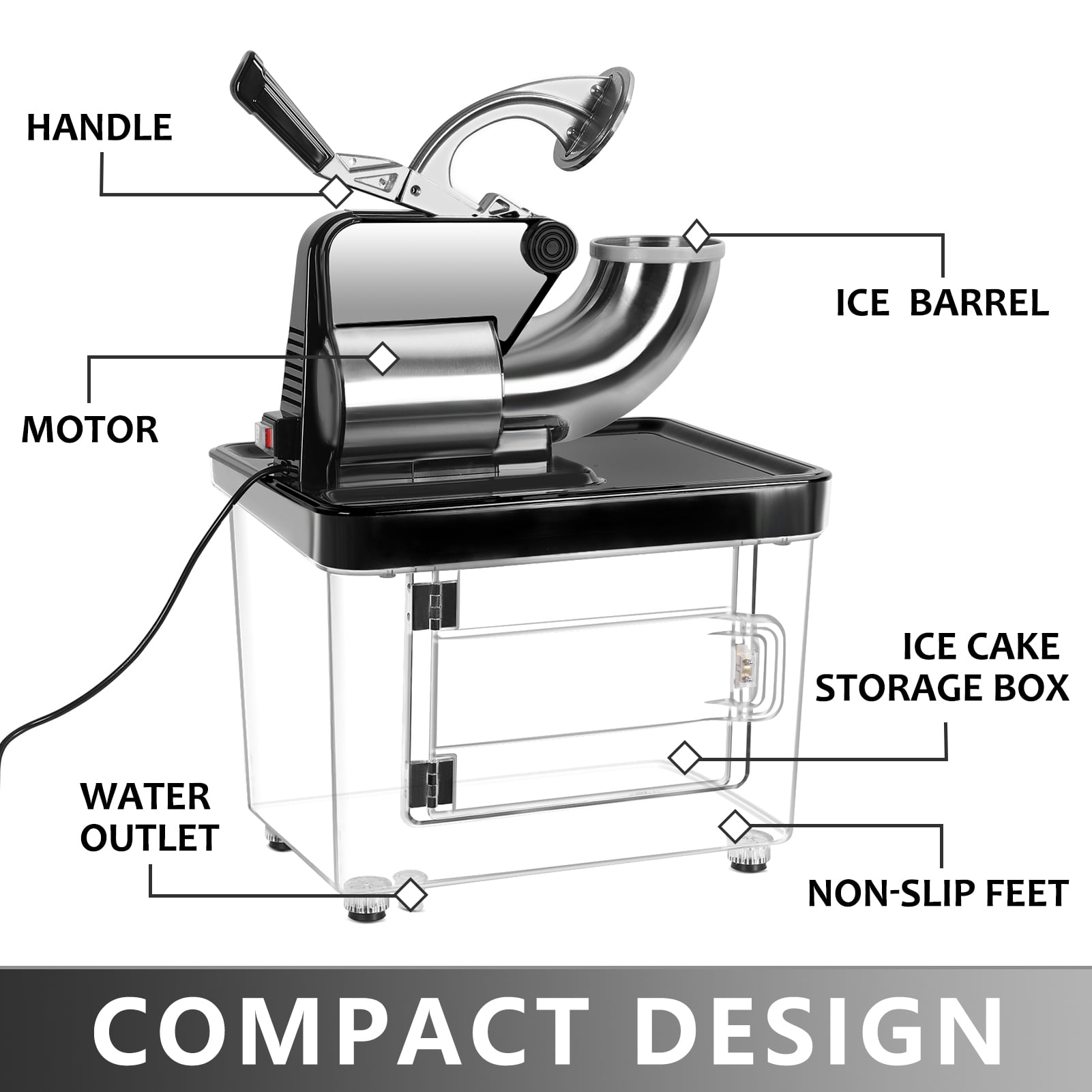 WETS Ice Crusher, 110V Commercial Ice Crusher 300kgs/h, 350W Electric Snow Cone Machine with Dual Blades, Stainless Steel Shaved Ice Machine for Family, Restaurants, Bars (US Plug)-1 Set