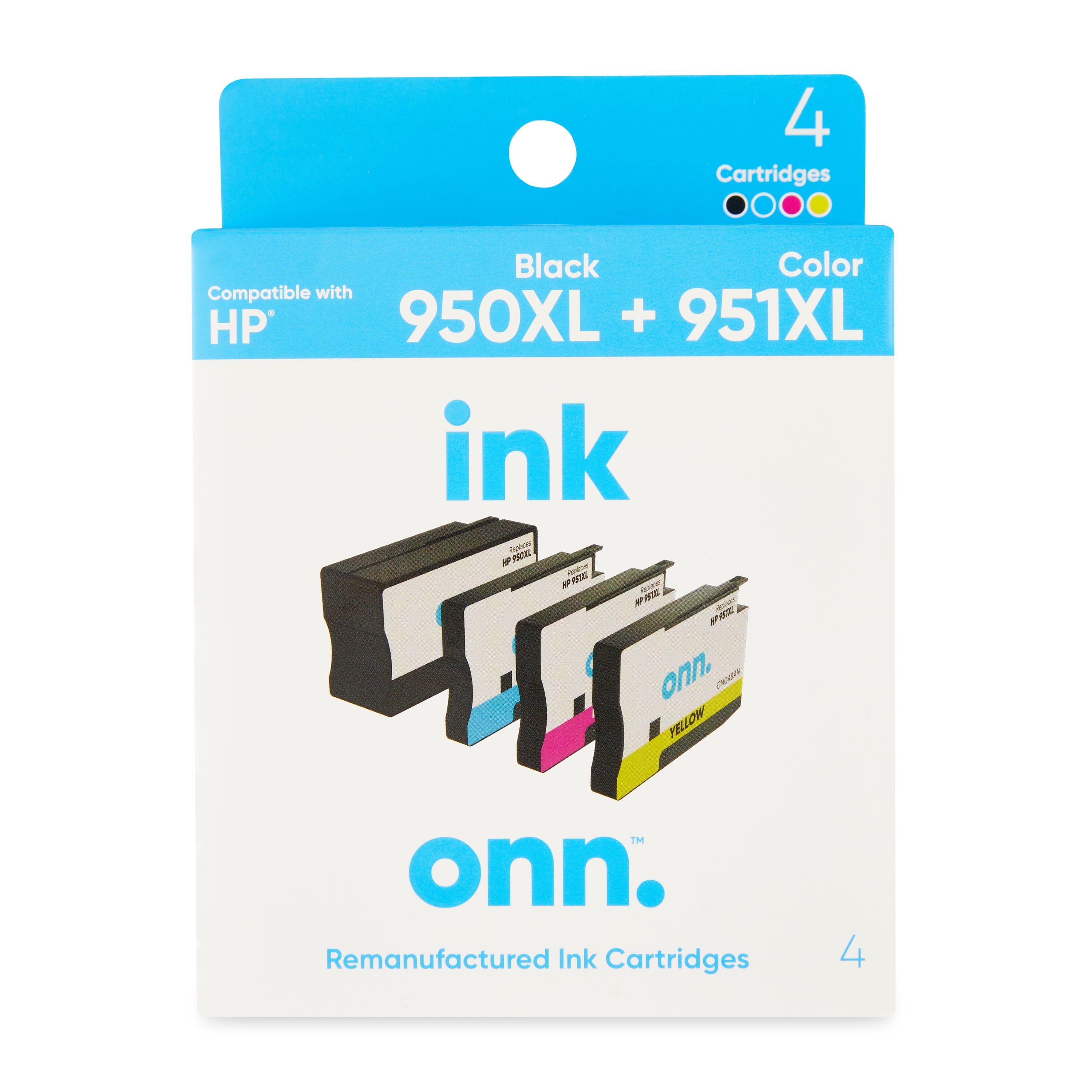 onn. Remanufactured Ink Cartridges, HP 950XL Black + 951XL Color, 4 Cartridges