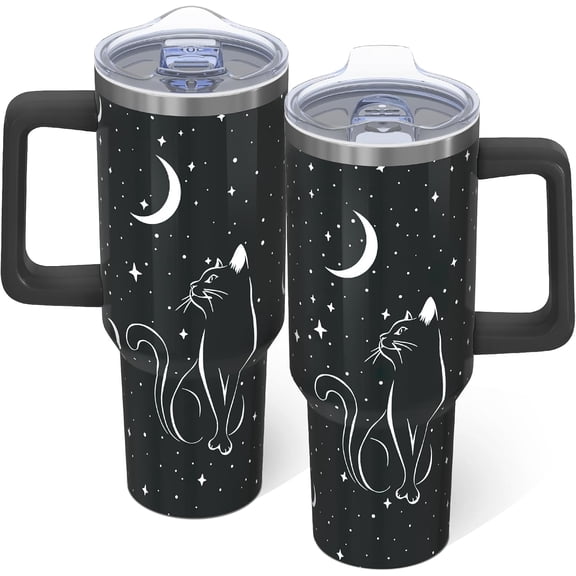 Black Cat 40 oz Tumbler with Handle, Halloween Goth Cat Gifts for Women, Stainless Steel Leak Proof Travel Cup Water Bottle Tumbler, Cat Gifts for Christmas Mothers Day