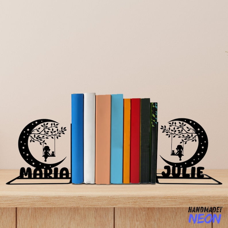 Handmadetneonsign Girl And Cat On The Moon Metal Bookends Girl Name Bookend Table Bookshelf Decor 80269