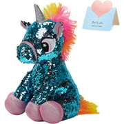 Flip Sequin Stuffed Animal Unicorn Plush Toy with Reversible Sequins Sparkle Birthday for Toddler Kids, Blue, 11''