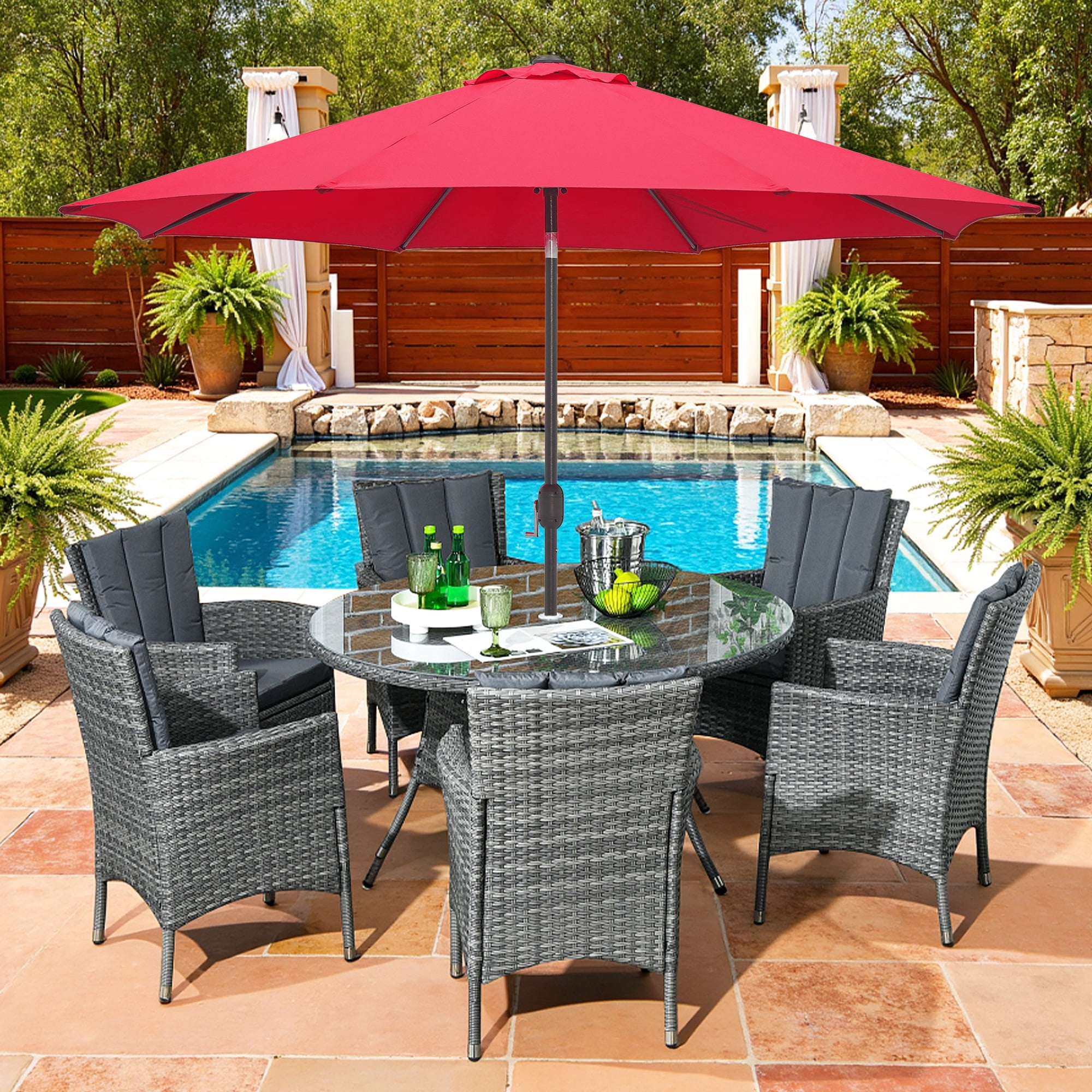 Kool 10FT Outdoor Patio Umbrella with Push Button Tilt and Crank Handle, Market Umbrella with 8 Sturdy Umbrella Ribs, Red
