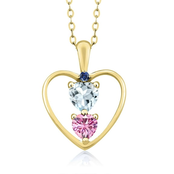 18K Yellow Gold Plated Silver Sky Blue Aquamarine Pink Moissanite and Blue Created Sapphire Pendant Necklace for Women (0.67 Cttw, Gemstone Birthstone, Heart 5MM and 4MM, with 18 inch Silver Chain)