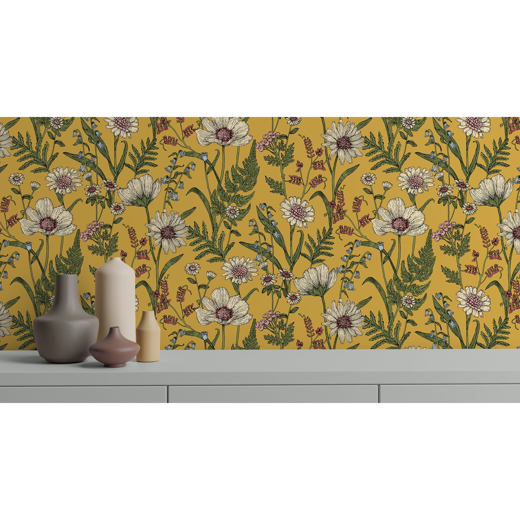 Fine Decor Arden Mustard Wild Meadow Wallpaper, 20.5-in by 33-ft
