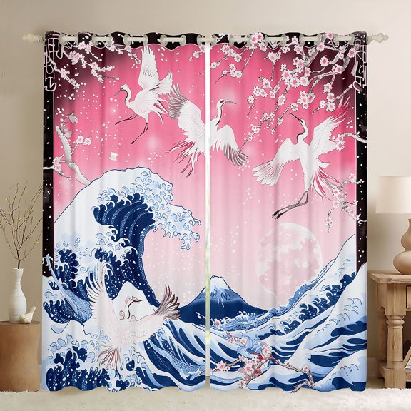Manfei Ukiyo-e Crane Black Out Curtains for Girls Women, Fuji Moon Wave Curtains Pack of 2 (42x63 Each), Pink Blue White