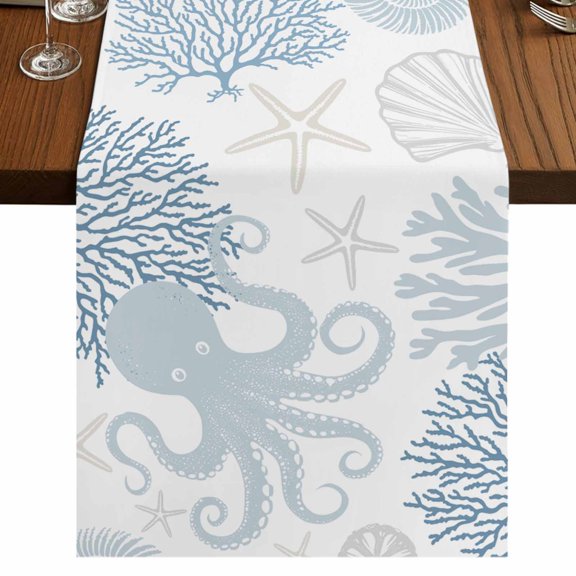 Blue Octopus Coastal 70 Inch Table Runner, Nautical Coral Starfish Farmhouse Dresser Scarf Cotton & Linen Tablerunner for Dining/Kitchen Island/Holiday Party Décor 13" x 70"