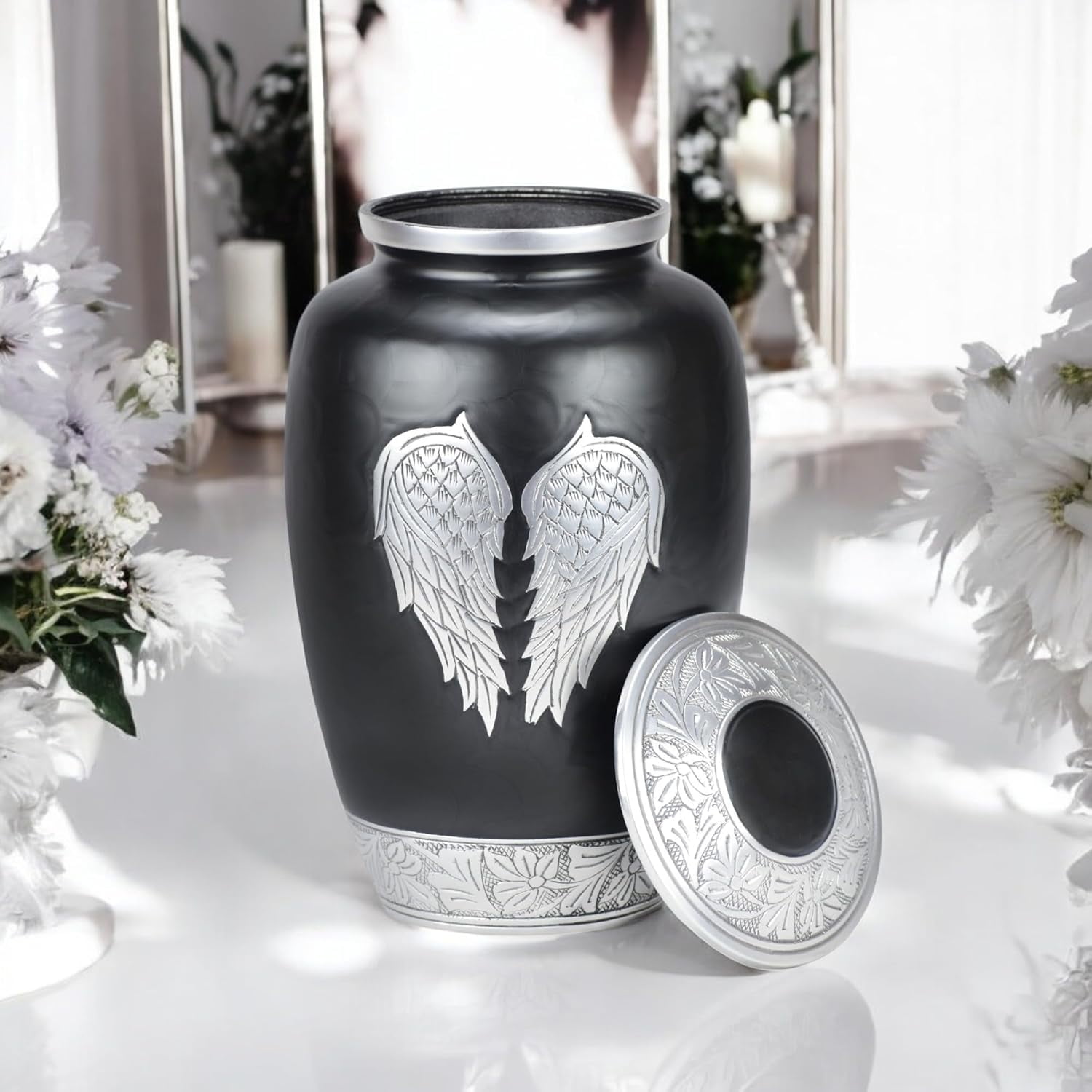 CRAFT INDIA Large Black Angel Wings Cremation Urn for Adult Human Ashes with Velvet Bag