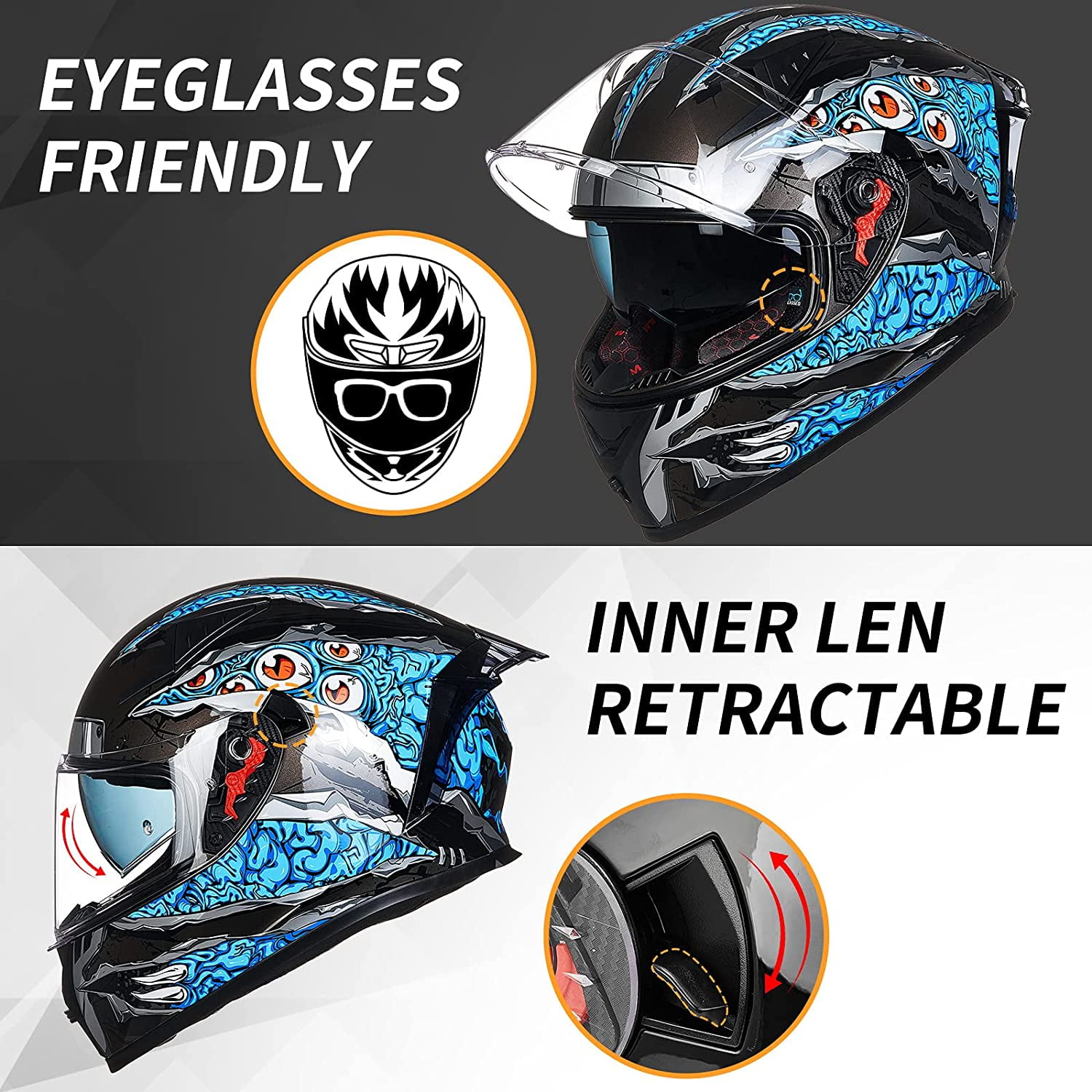 ILM Motorcycle Helmet Full Face with Pinlock Compatible Clear&Tinted Visors and Fins Street Bike Motocross Casco DOT(Manta Blue, X-Large)