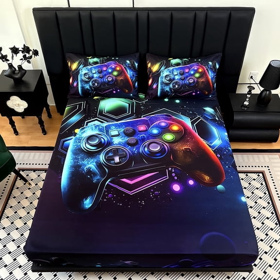 3PCS Gamer Fitted Sheet Set, Neon Game Controller Print, Deep Pocket, HD Printing, for Bedroom & Dorm（088,twin)