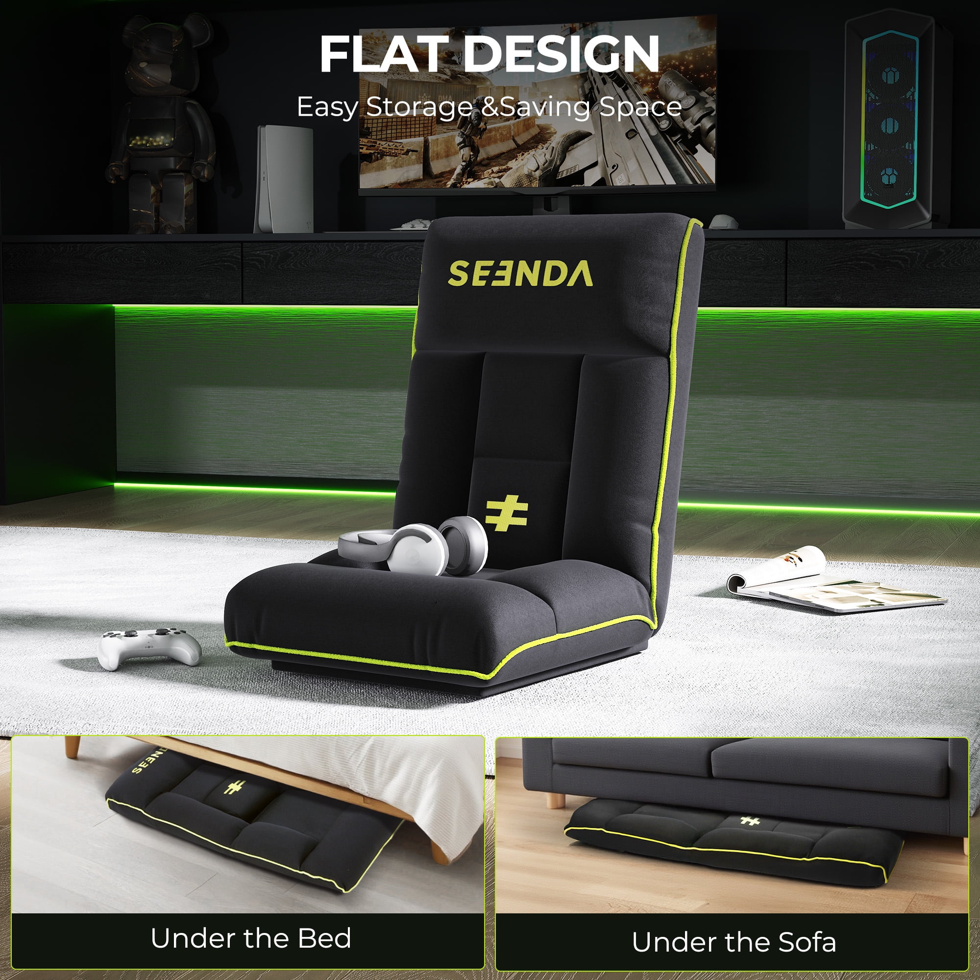 Seenda Video Gaming Floor Chair, Folding Video Reclining Sofa Adjustable Position, Padded Backrest & Cushion, Lazy Lounger Couch for E-Sports, Reading, Relaxing, Watching TV