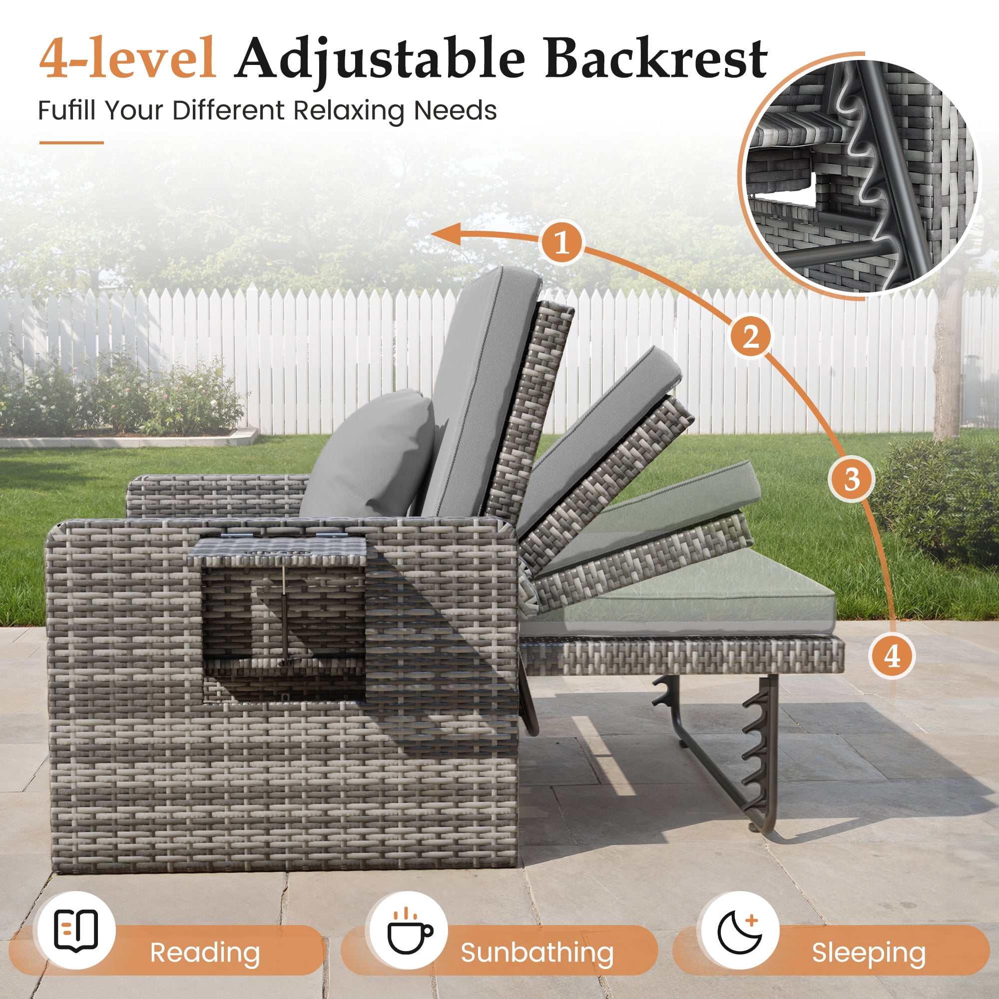 POTEBAN Wicker Outdoor Daybed-Outdoor Loveseat with Storage Ottoman, 4-Level Adjustable Backrest & Cushions for Balcony, Garden, Poolside (Gray)