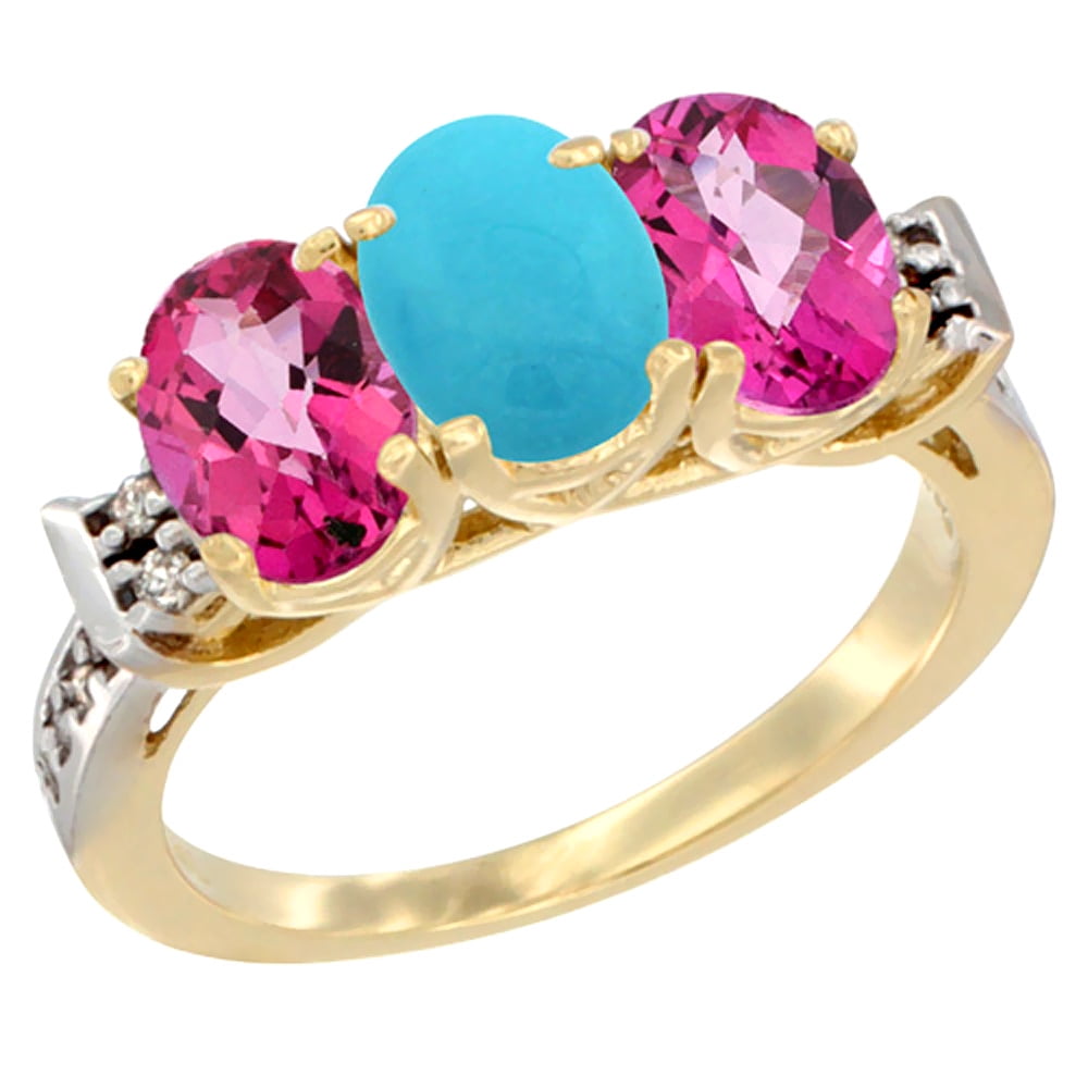 14K Yellow Gold Natural Turquoise & Pink Topaz Sides Ring 3-Stone Oval 7x5 mm Diamond Accent, sizes 5 10 by WorldJewels
