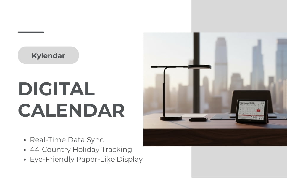 Kylendar 7" E-Ink Digital Desk Calendar with Weather and World Clock, Black