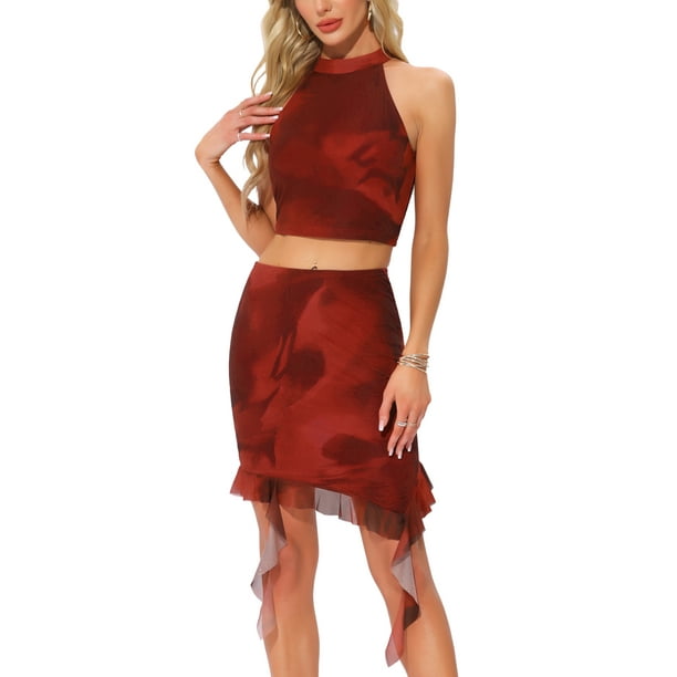 Conjunto de Top Corto de Cuello Halter y Falda Mini Rizada para Fiesta de Mujeres Chic en Rojo