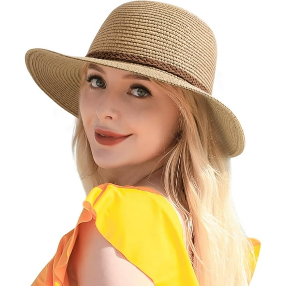 Beach Sun Straw Hats for Women, UPF 50  UV Sun Protection Wide Brim Summer Straw Hat Foldable Packable Roll up Cap