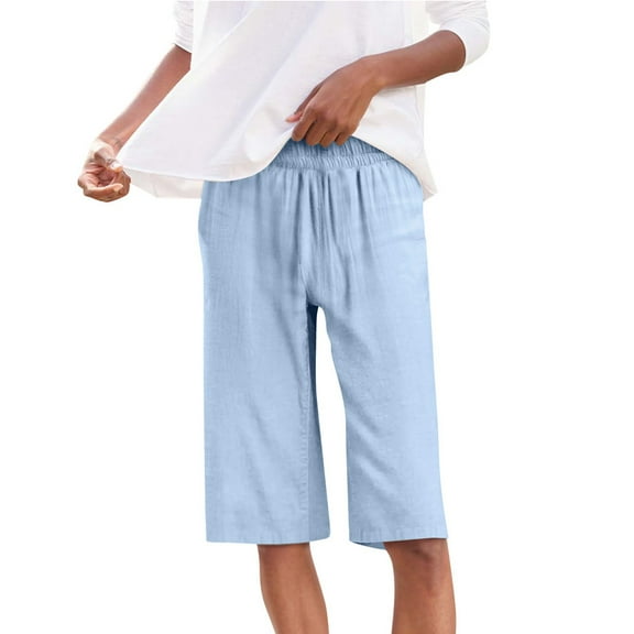 Clearance Sale! High Waist Wide Leg Capri Pants For Women Stretchy Comfort With Pockets Fit Casual Lounge Wear Blue S Size