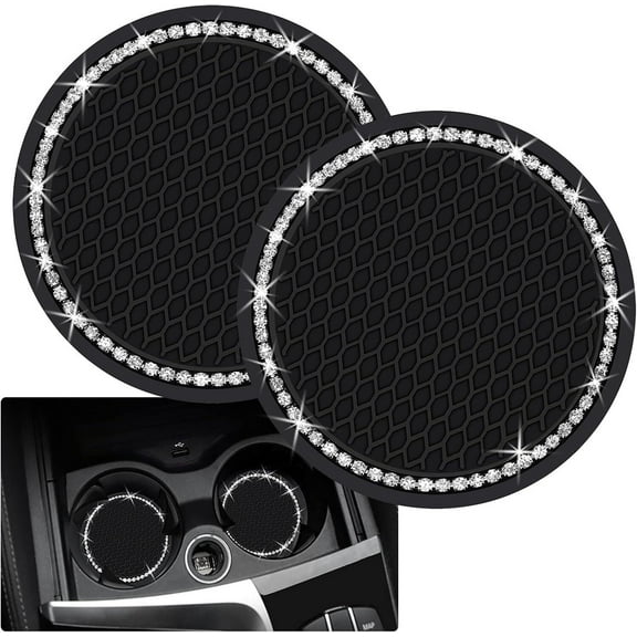Car Cup Holder Coasters, Black Bling Cup Holder Insert Coaster Car Interior Accessories,2.76 inch Silicone Anti Slip Crystal Rhinestone Car Coaster,Universal (Pack of 2)