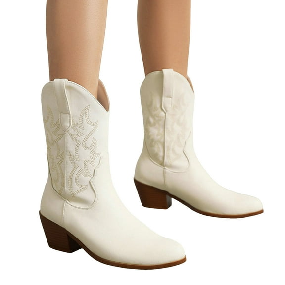 Slouchy Wide Calf Cowboy Boots for Women with Fleece lined Winter Fashion Metallic Leather Suede Pointed Toe Chunky Heels Slip on Western Cowgirl Boots