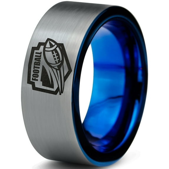 Tungsten Football Players Band Ring 8mm Men Women Comfort Fit Blue Flat Cut Brushed Gray Polished