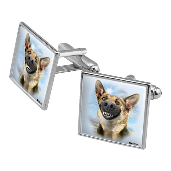 German Shepherd Dog Selfie Square Cufflink Set - Silver or Gold