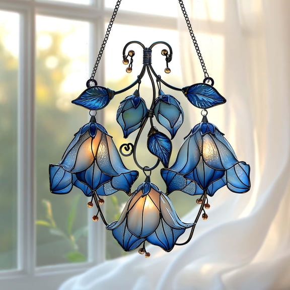 Triple Blue Flower Acrylic Suncatcher, Vintage Style Faux Stained Glass Bell Blossom Window Hanging, Housewarming Gift For Garden Lovers