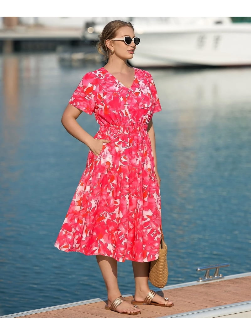 24w maxi dress Cassie LIZ Womens Dresses Plus Size Summer 4X V Neck Short Sleeve Floral Pink Maxi Dress with Smocked Waist and Pockets Party Wedding Guest Dress 4XL