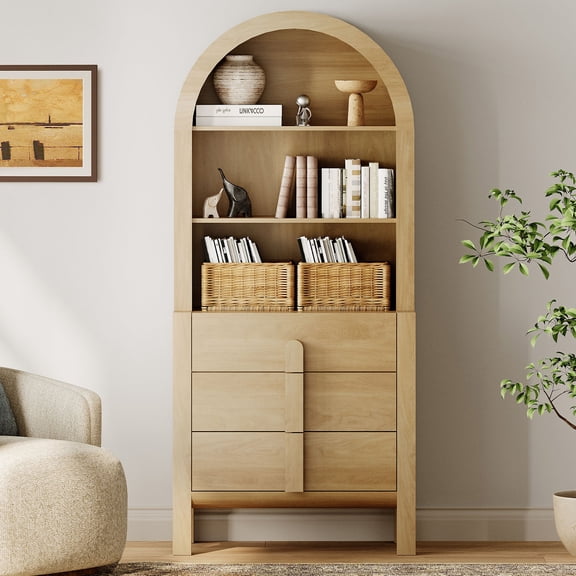 71” Tall Arched Bookshelf, Modern 3 Tier Bookcase with Open Storage, Wooden Display Cabinet with Drawer and Adjustable Shelves, Versatile Bookshelf for Living Room, Study, Office
