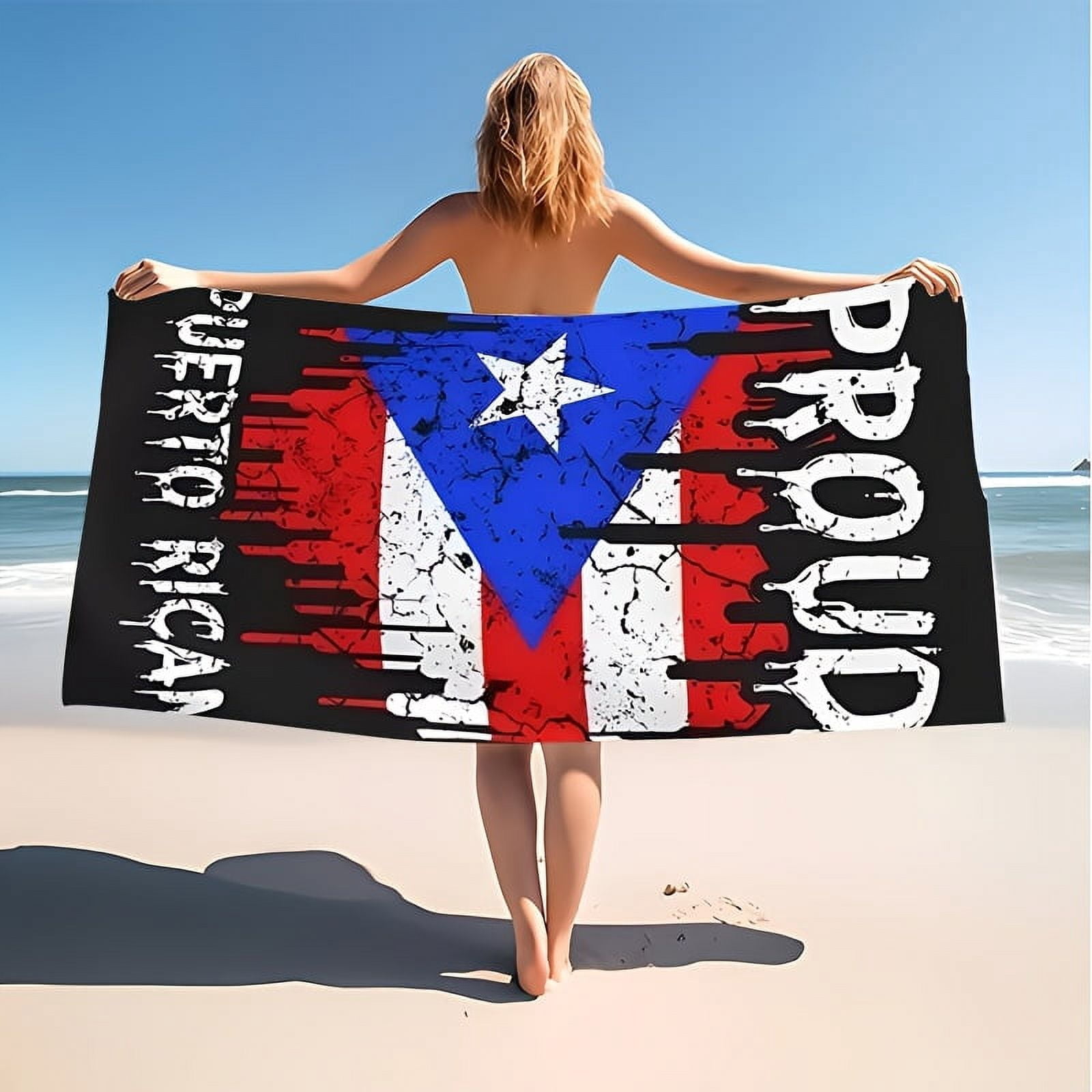 Puerto Rican Flag Beach Towel, Quick-Dry Polyester Blend, Modern Style, Super Absorbent, Machine Washable Knit Fabric, Oblong Shape, Ideal for Beach, Swimming, Outdoor Camping, Holiday Gift