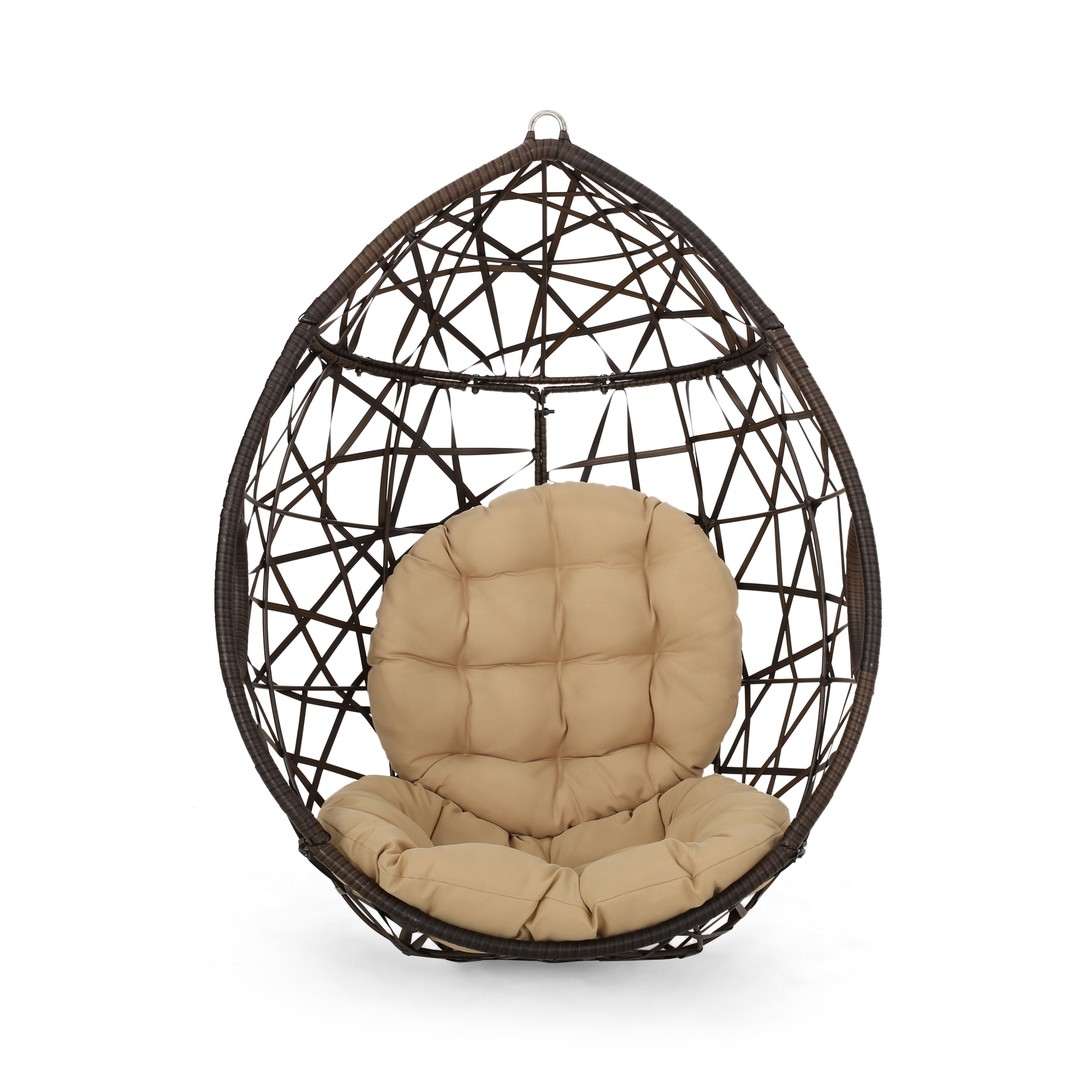 Outdoor Woven Basket Style Hanging Egg Chair, Suspended Leisure Swing Seat for Patio Garden, Brown and Beige