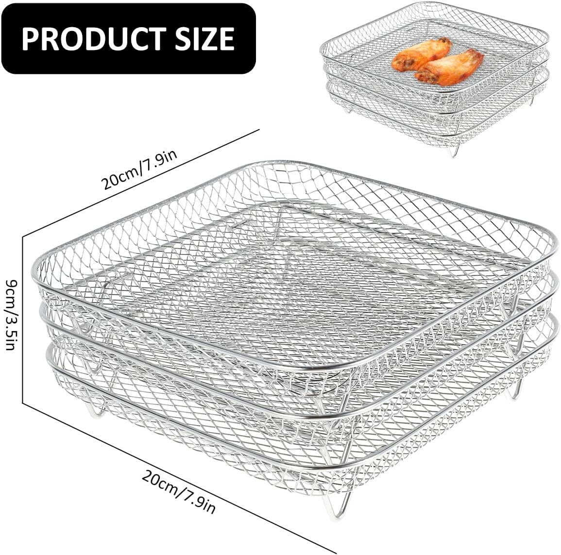 GoXteam Square Air Fryer Rack Set of 3, Stackable Multi-Layer Stainless Steel Dehydrator Rack, 7.8 x 7.8in Square Air Fryer Accessories for Cosori, Instant Vortex, Nuwave Air Fryer,