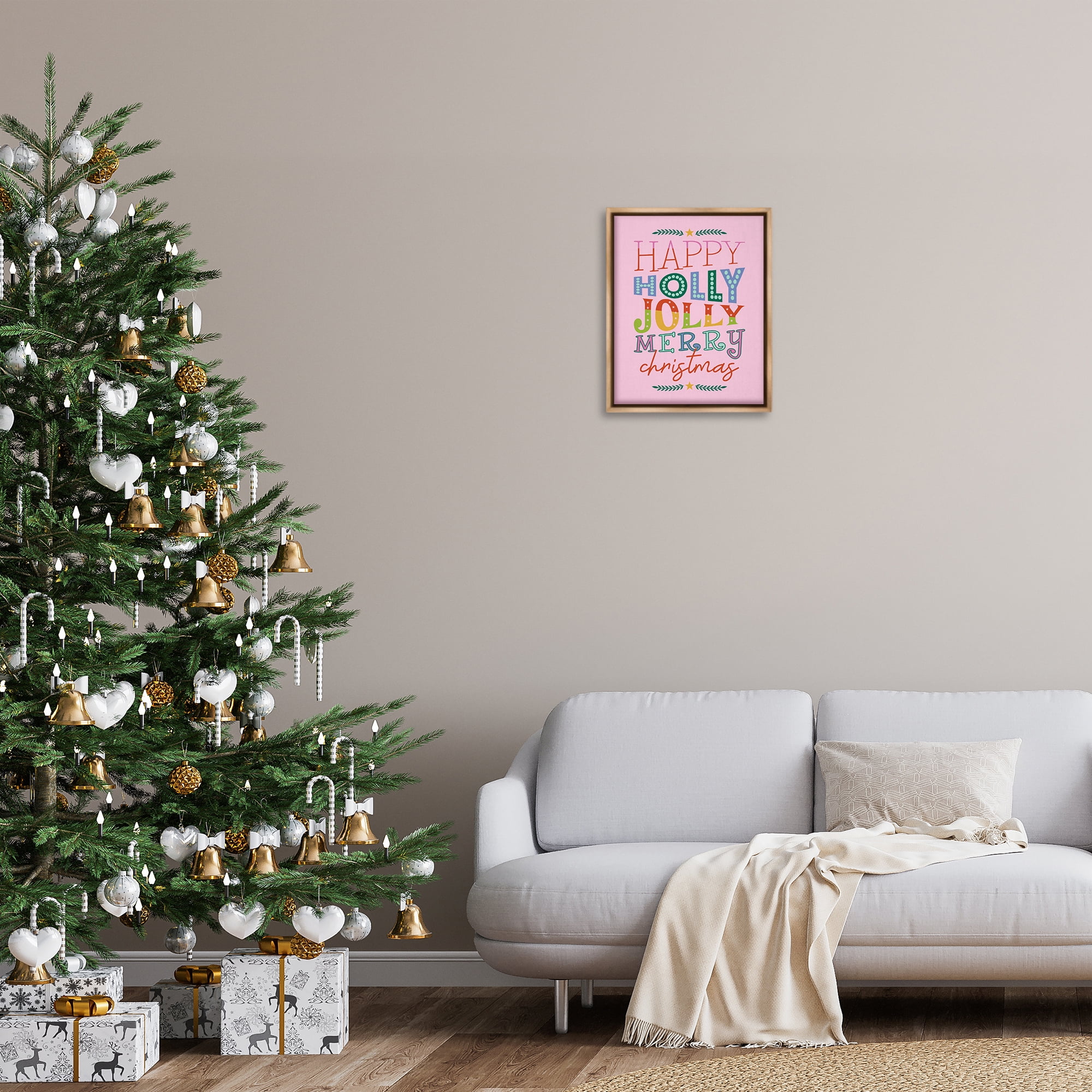 Stupell Industries Happy Holly Jolly Xmas Holiday Painting Brown Floater Framed Canvas Art Prints Wall Art, 17 x 21