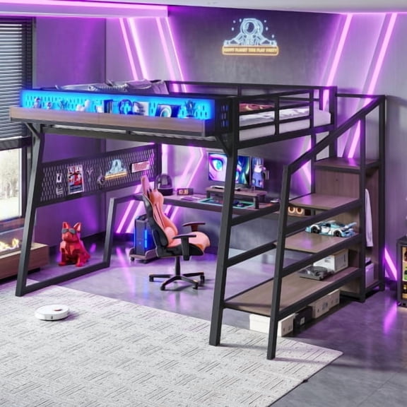 Queen Loft Bed with Storage Stairs, Shelves & Built-in Wardrobe, Metal Frame with USB Ports and LED Lights, Black