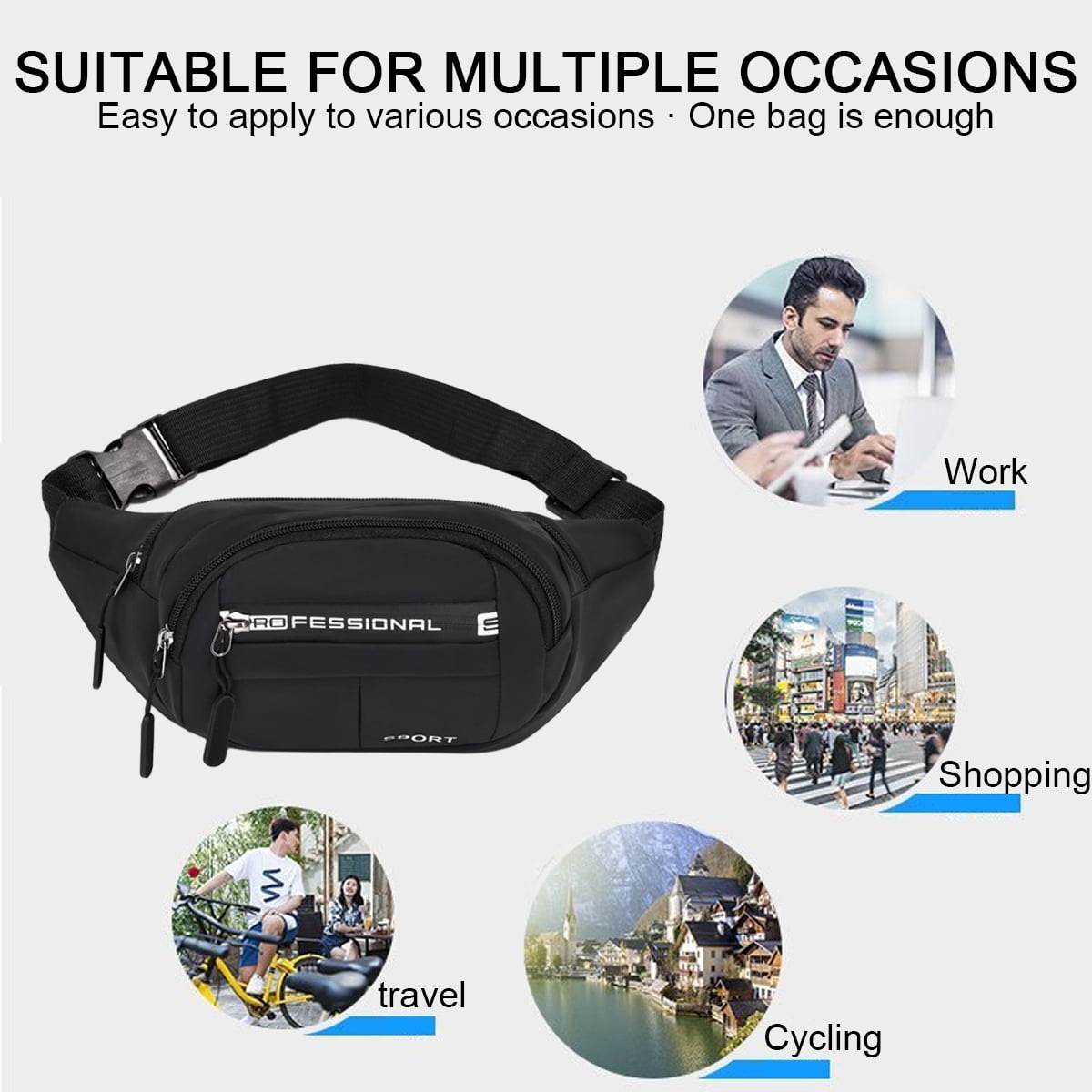 Large Fanny Pack for Women Plus Size Black Fanny Pack, Crossbody Bag with Adjustable Belt Straps Fashionable Travel Hiking Walking Belt Bag for Men - Black