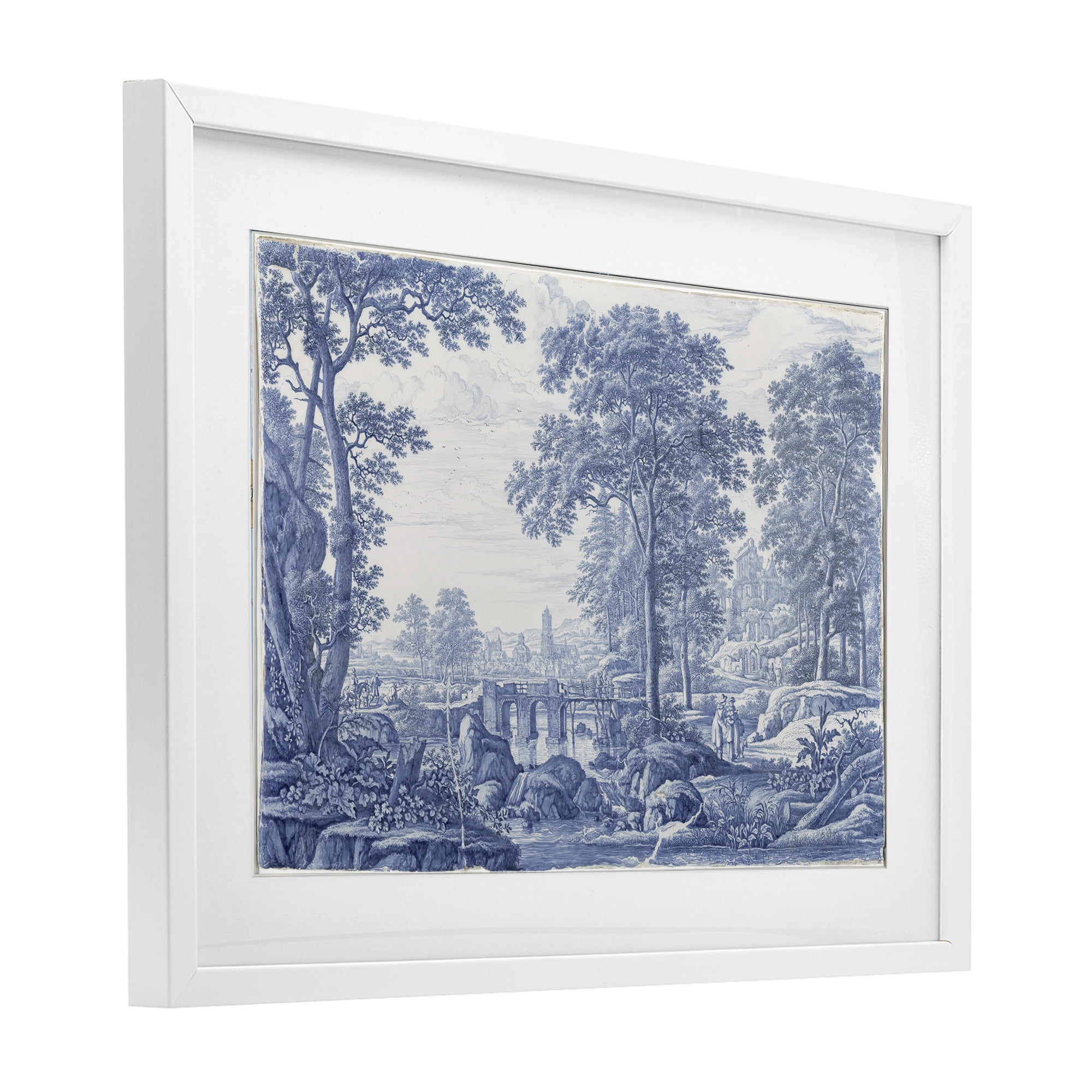 Vintage Blue Tinted Toile White Framed Print Under Glass, design by Vintage Hustle