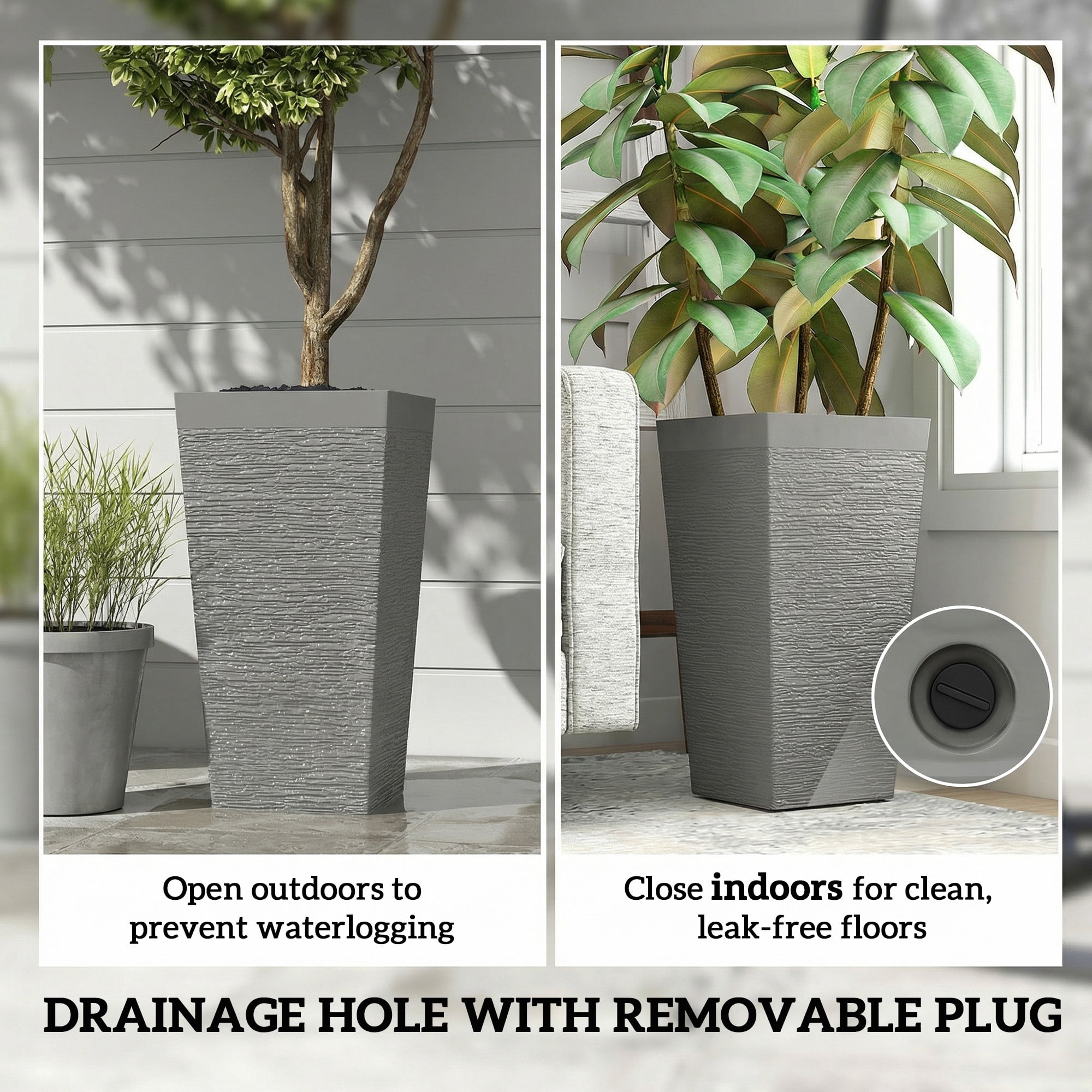 Outsunny 22.8 Inch Outdoor Planters, Set of 3 Plastic Flower Pots with Stone Finish and Wheels, Stackable Tapered Planters with Drainage Hole, Gray